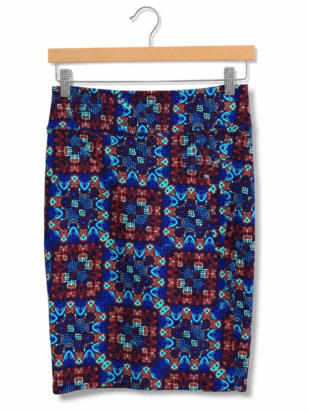 LuLaRoe Cassie Pencil Skirt XS‎ Blue Burgundy Geometric Stretch Office Career